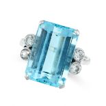 A VINTAGE AQUAMARINE AND DIAMOND DRESS RING set with an emerald cut aquamarine of 11.22 carats,