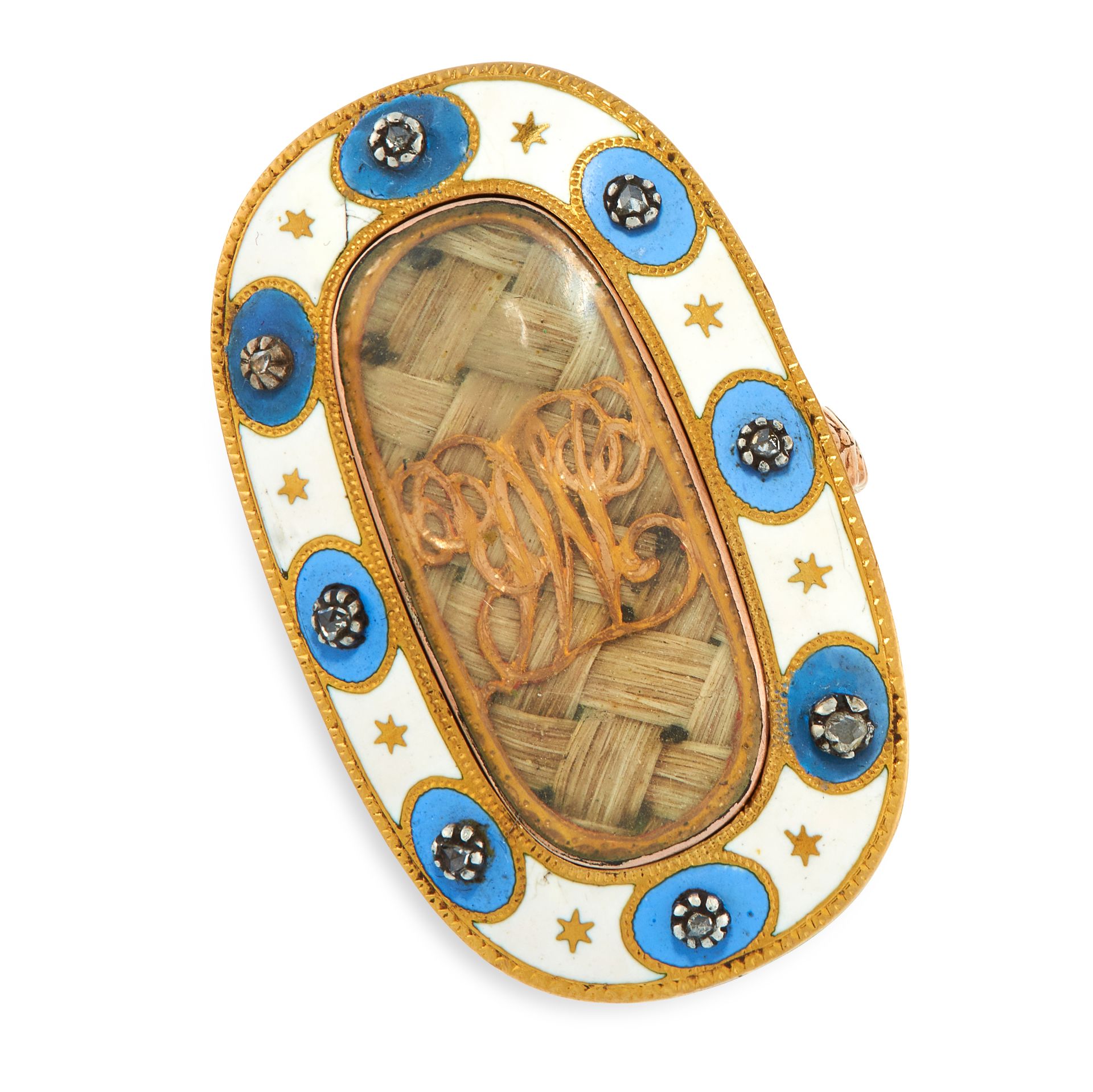 AN ANTIQUE HAIRWORK, DIAMOND AND ENAMEL MOURNING LOCKET RING, 19TH CENTURY in yellow gold, the