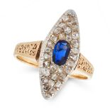 AN ANTIQUE SAPPHIRE AND DIAMOND DRESS RING, CIRCA 1900 in yellow gold and silver, the navette face