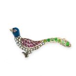 AN ANTIQUE DEMANTOID GARNET, RUBY, PEARL AND ENAMEL BIRD BROOCH in silver, designed as a pheasant,