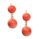 A PAIR OF ANTIQUE CORAL EARRINGS in 18ct yellow gold, each set with two coral cabochons suspended