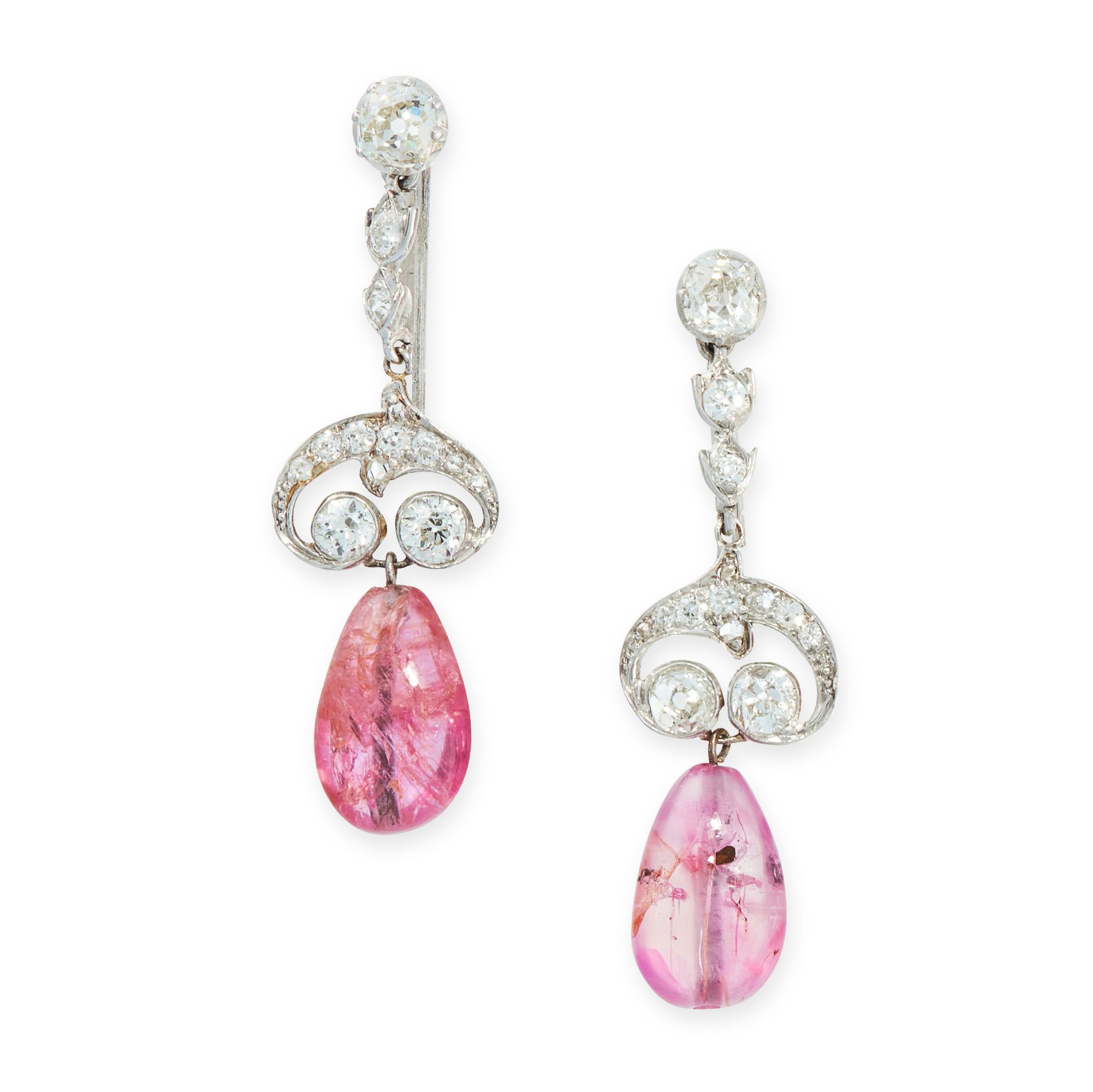 A PAIR OF BURMA NO HEAT RUBY AND DIAMOND EARRINGS in platinum and white gold, each set with a