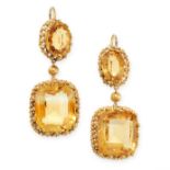 A PAIR OF ANTIQUE CITRINE EARRINGS in yellow gold, each set with a cushion cut and oval cut citrine,