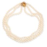 A PEARL AND CITRINE NECKLACE in yellow gold, comprising three rows of pearls of 6.5mm to 6.1mm, on a