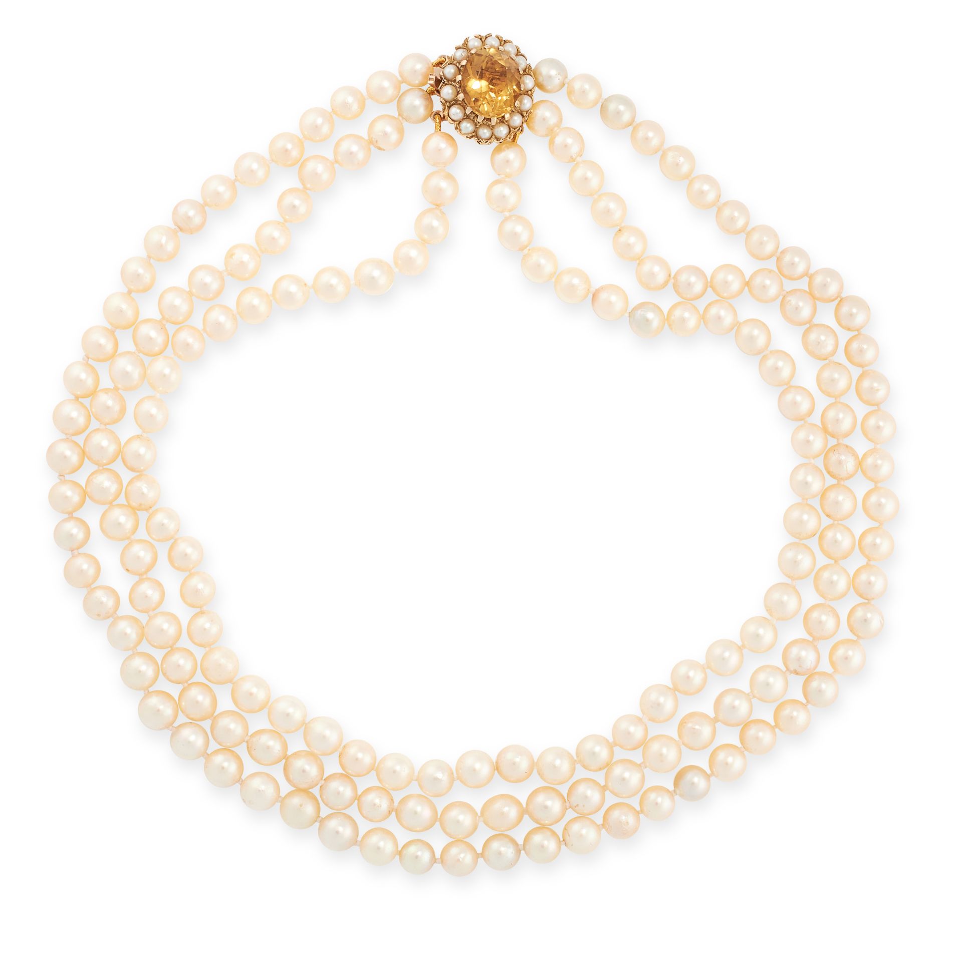 A PEARL AND CITRINE NECKLACE in yellow gold, comprising three rows of pearls of 6.5mm to 6.1mm, on a