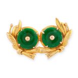 A JADEITE JADE BROOCH in high carat yellow gold, formed of two circular polished jade discs,