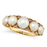 AN ANTIQUE PEARL AND DIAMOND DRESS RING in high carat yellow gold, set with five graduated half