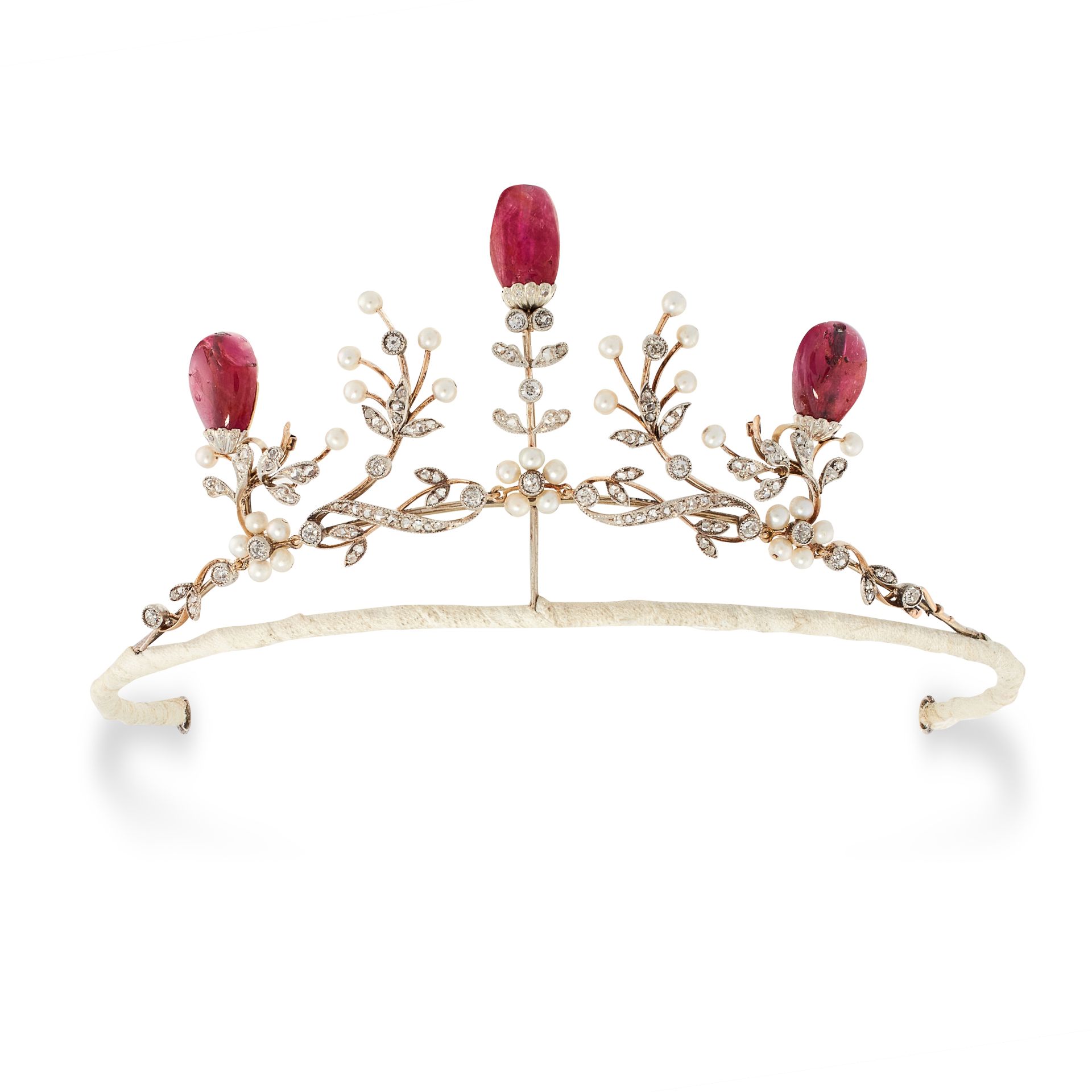 AN ANTIQUE BURMA NO HEAT RUBY, PEARL AND DIAMOND TIARA, 19TH CENTURY in yellow gold and silver,