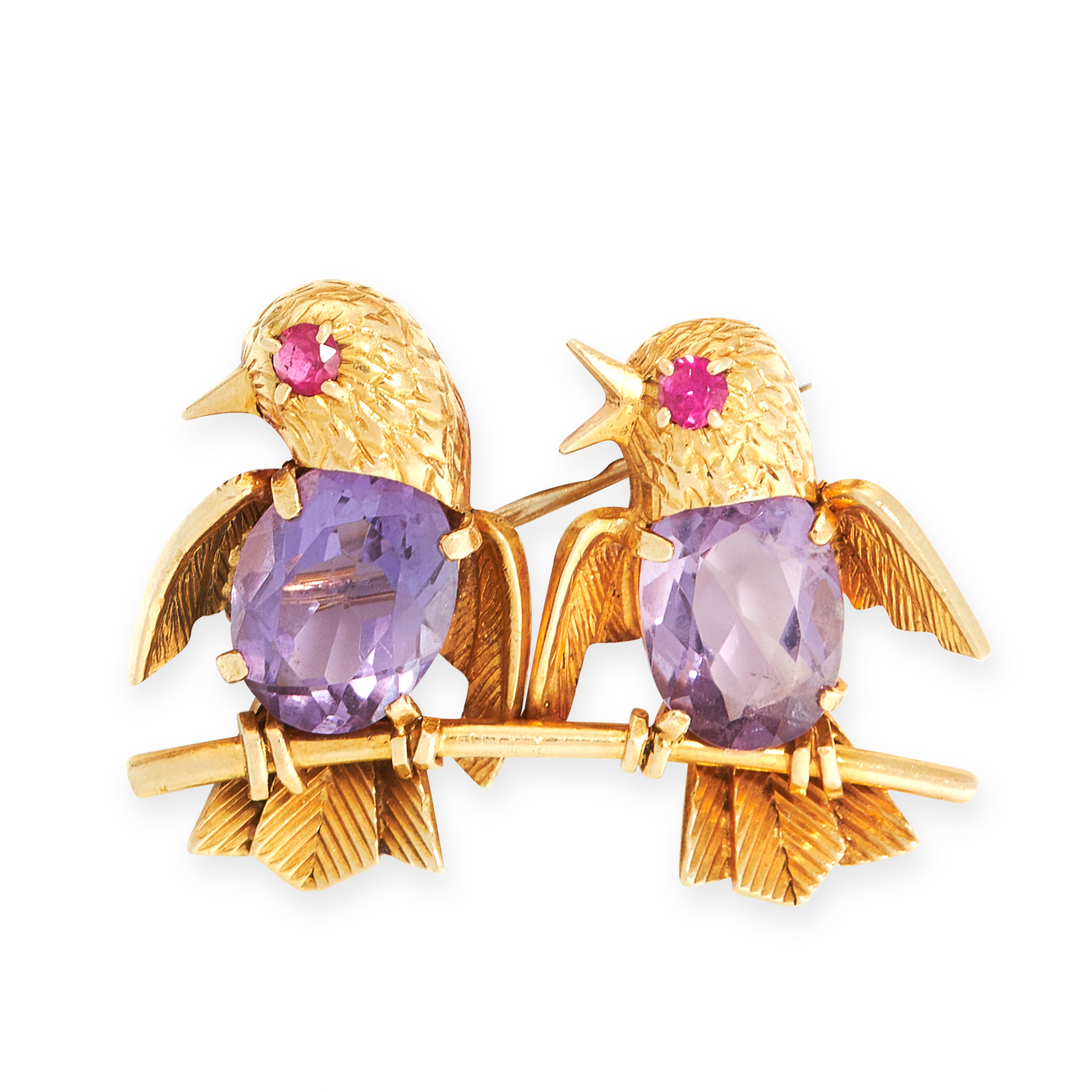 A VINTAGE AMETHYST AND RUBY BIRD BROOCH in yellow old, designed as a pair of birds seated on a