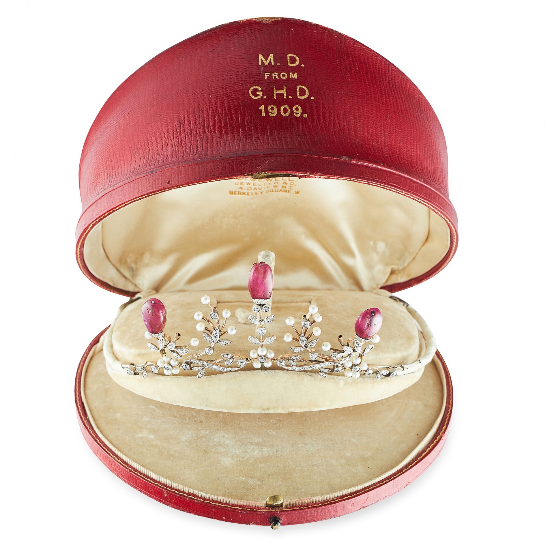 AN ANTIQUE BURMA NO HEAT RUBY, PEARL AND DIAMOND TIARA, 19TH CENTURY in yellow gold and silver, - Image 3 of 3