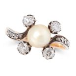 AN ANTIQUE NATURAL PEARL AND DIAMOND RING in yellow gold and silver, set with a pearl of 6.9mm,