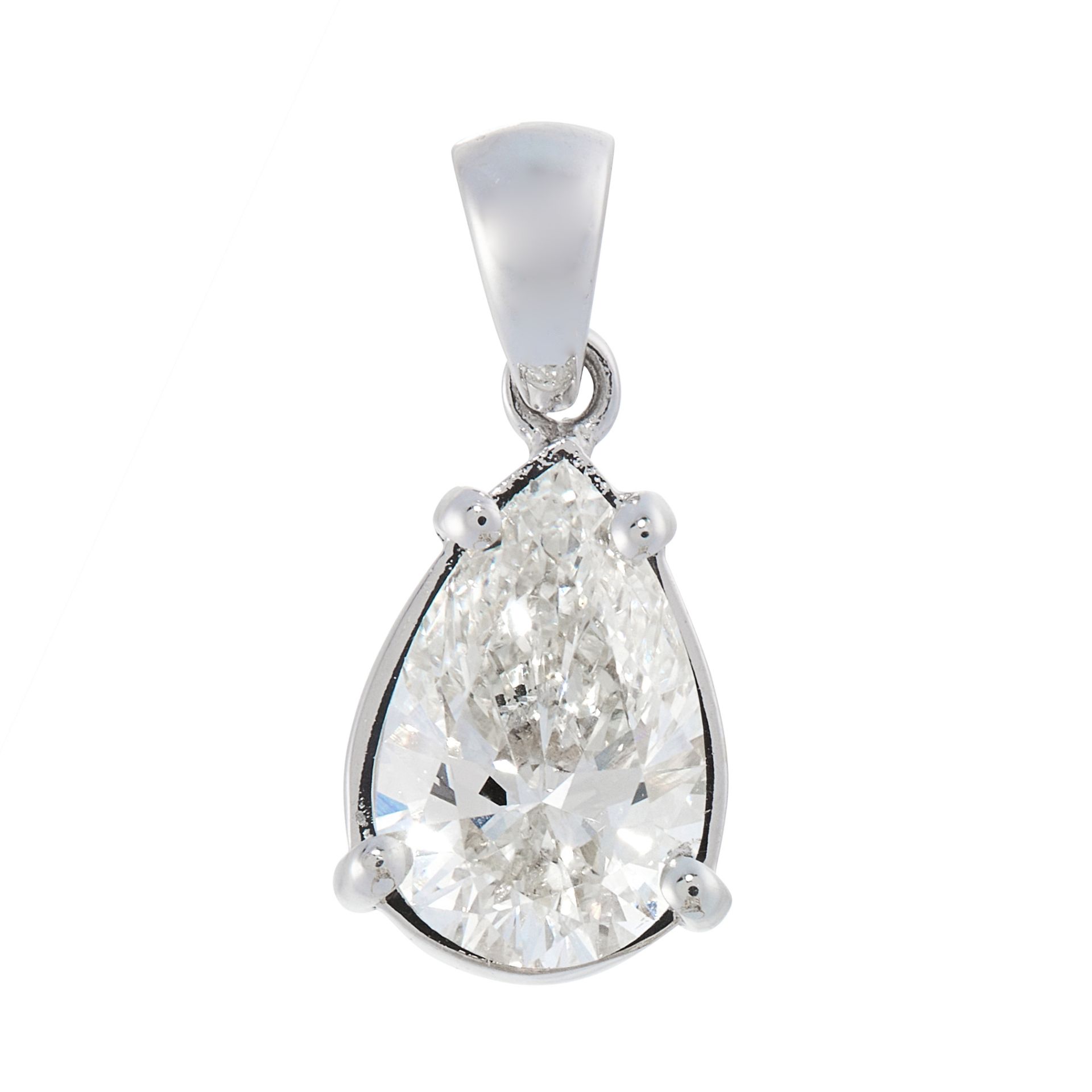 A SOLITARIE DIAMOND PENDANT in 18ct white gold, set with a pear shaped brilliant cut diamond of 1.10
