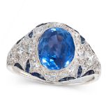 A CEYLON NO HEAT SAPPHIRE AND DIAMOND DRESS RING set with a cushion cut blue sapphire of 3.49