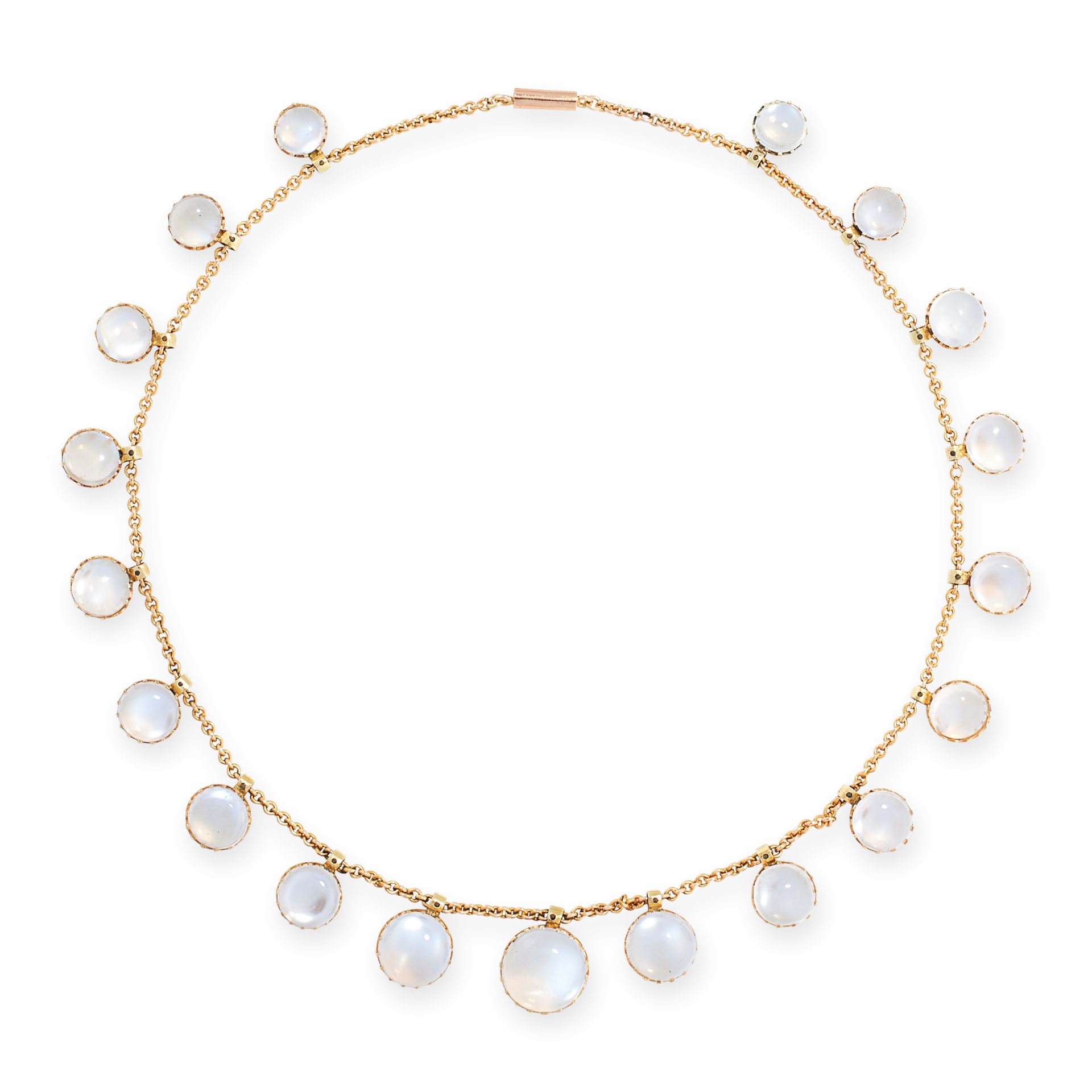 AN ANTIQUE MOONSTONE NECKLACE, EARLY 20TH CENTURY in yellow gold, formed of a belcher link chain