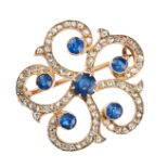 AN ANTIQUE SAPPHIRE AND DIAMOND BROOCH, 19TH CENTURY in 18ct yellow gold and silver, set with a