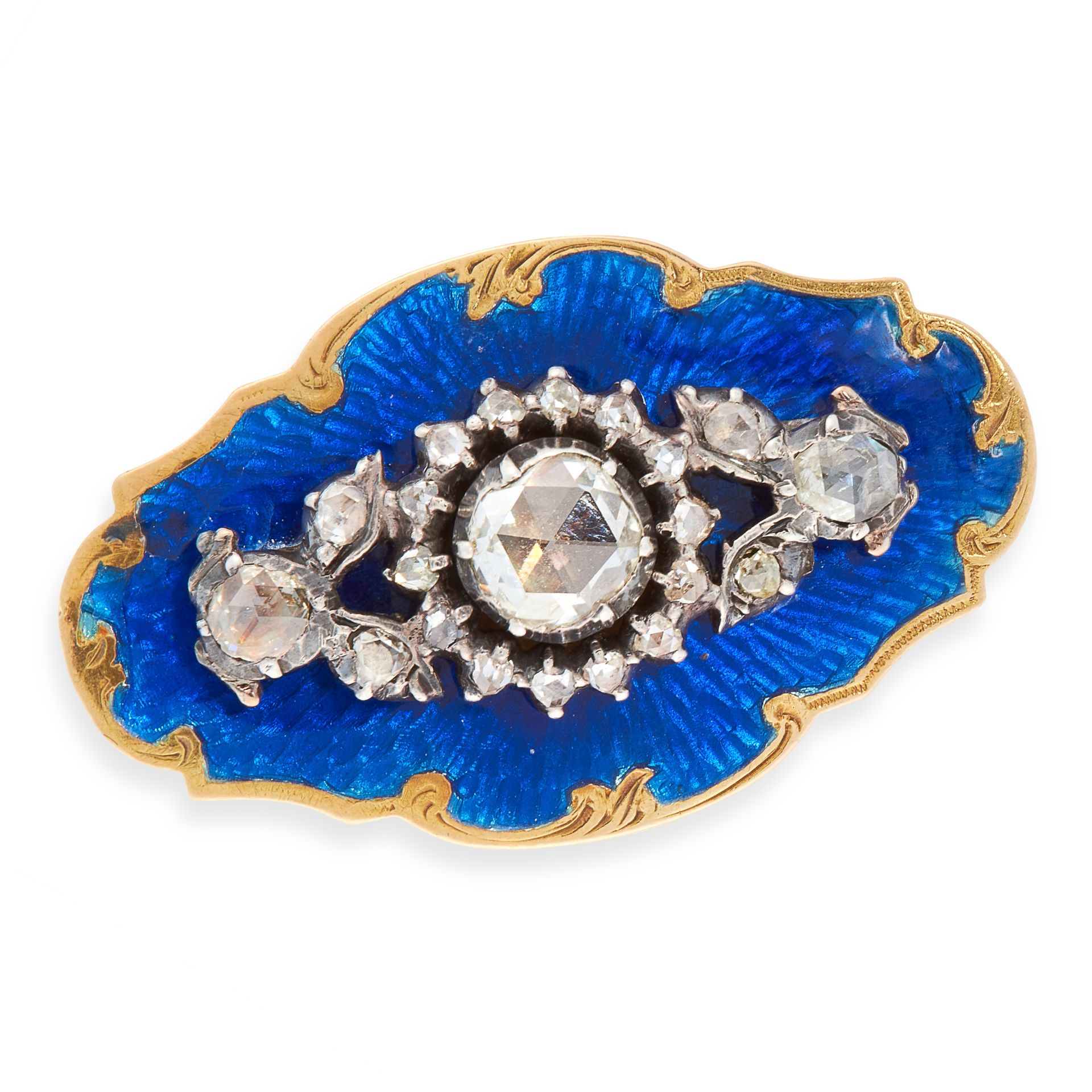 AN ANTIQUE DIAMOND AND ENAMEL DRESS RING in high carat yellow gold, the stylised face set with a