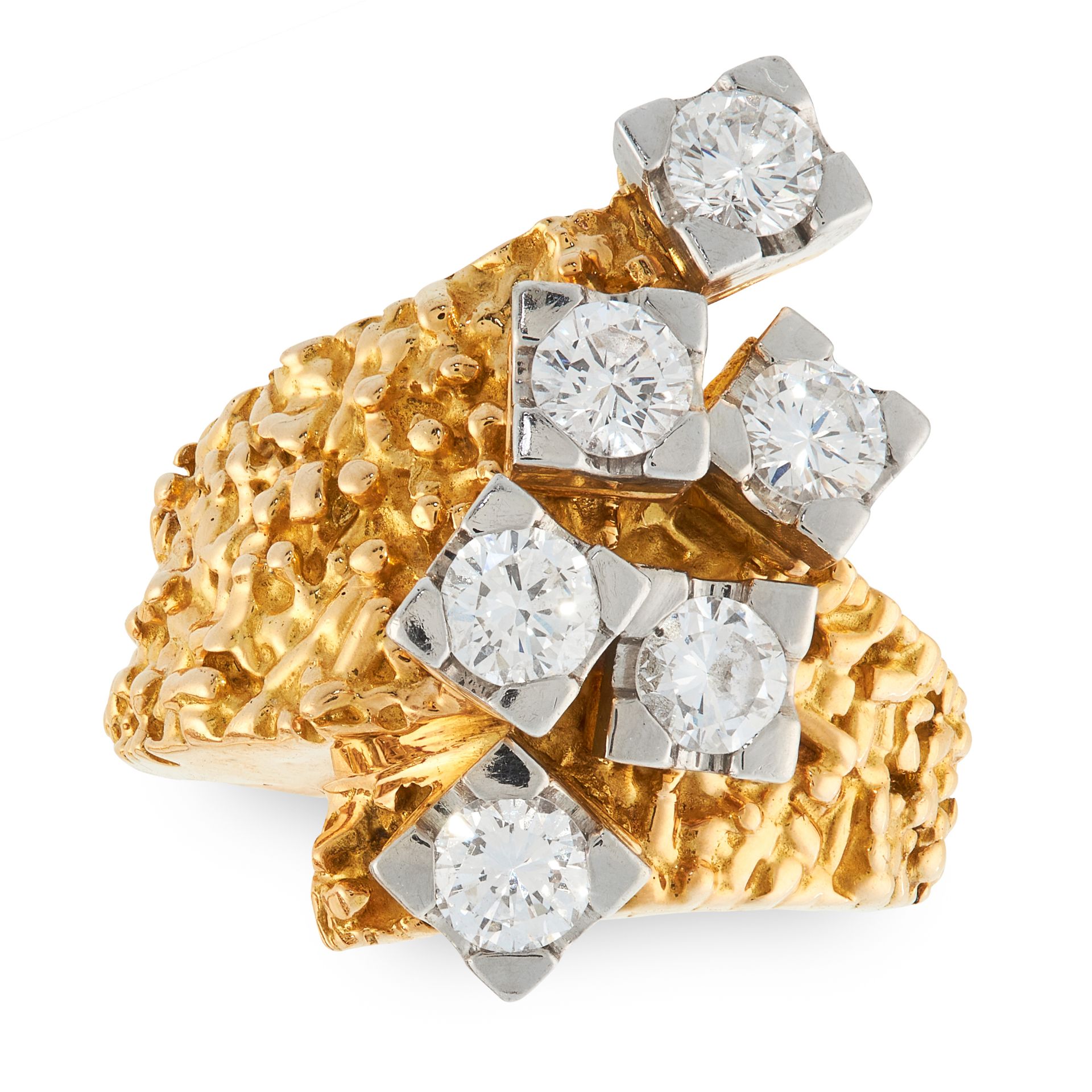 A VINTAGE DIAMOND COCKTAIL RING in yellow and white gold, the tapering textured band coiled around