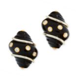 A PAIR OF VINTAGE ONYX TURBO SHELL EARRINGS in 18ct white and yellow gold, each designed as a