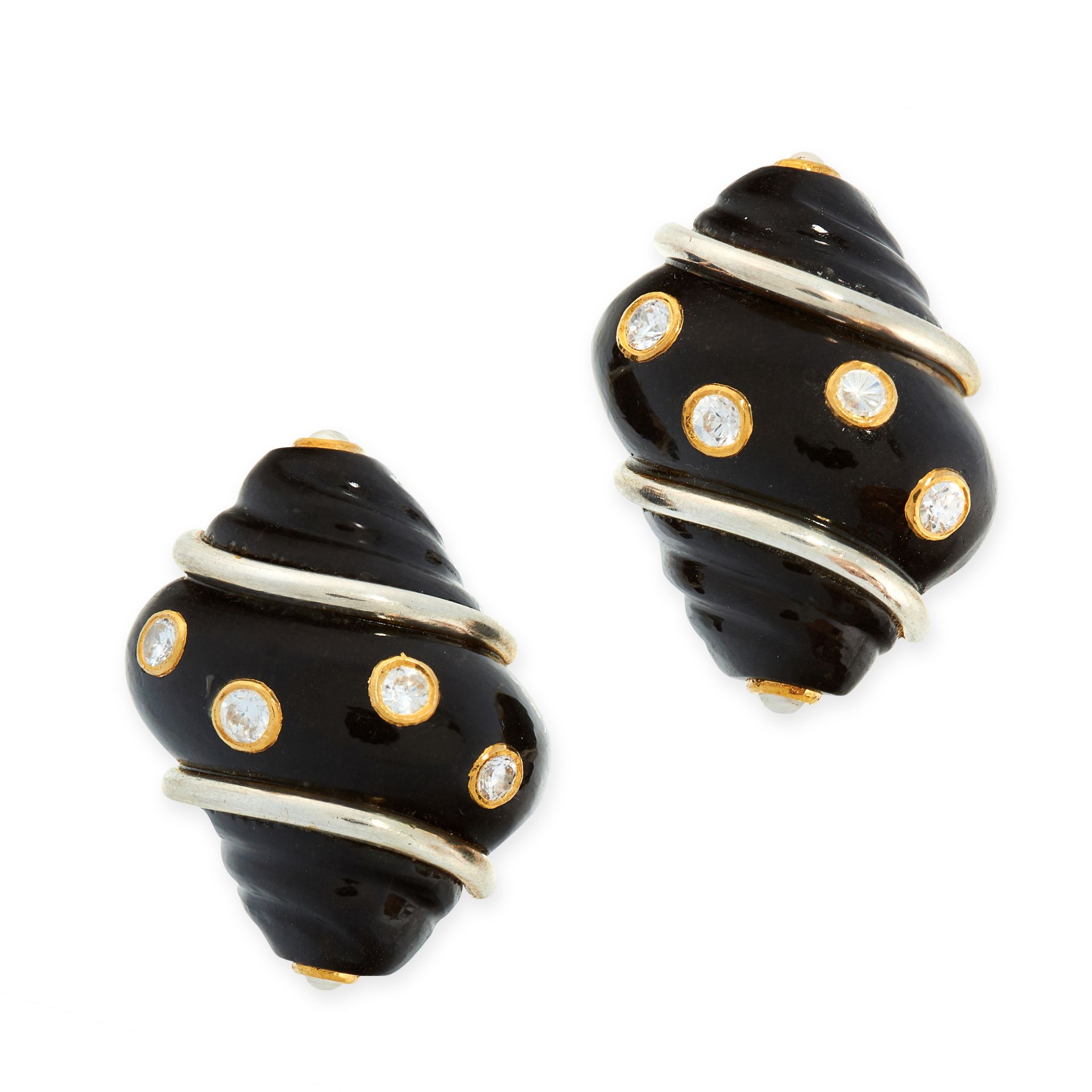 A PAIR OF VINTAGE ONYX TURBO SHELL EARRINGS in 18ct white and yellow gold, each designed as a