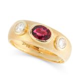 A RUBY AND DIAMOND DRESS RING in 18ct yellow gold, set with an oval cut ruby of between two round