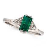 AN EMERALD AND DIAMOND DRESS RING set with a step cut emerald of 0.76 carats, accented by trios of