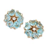 A PAIR OF VINTAGE AQUAMARINE AND DIAMOND EARRINGS in yellow gold, each set with a round cut diamond,