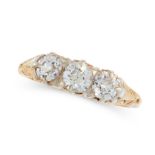 AN ANTIQUE DIAMOND DRESS RING in 18ct yellow gold, set with a trio of old cut diamonds, all