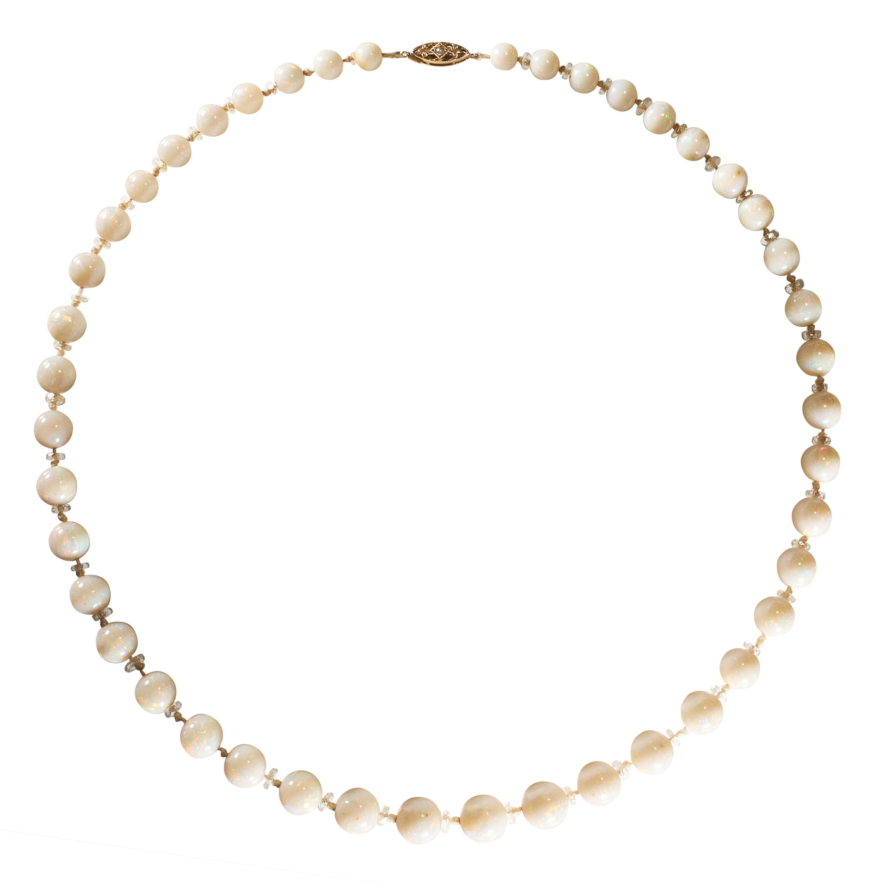 AN OPAL, ROCK CRYSTAL AND PEARL NECKLACE, EARLY 20TH CENTURY in yellow gold, comprising a single row