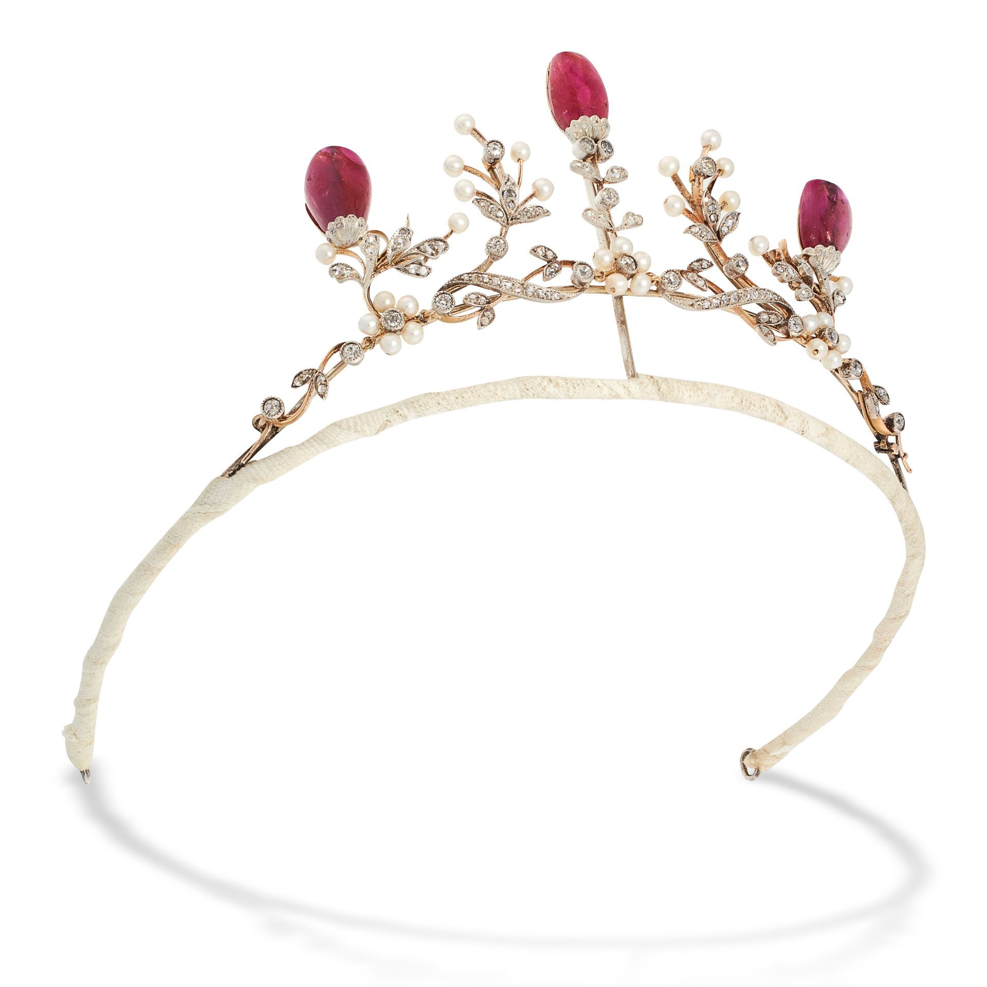 AN ANTIQUE BURMA NO HEAT RUBY, PEARL AND DIAMOND TIARA, 19TH CENTURY in yellow gold and silver, - Image 2 of 3