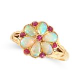 AN ANTIQUE OPAL AND RUBY DRESS RING in high carat yellow gold, set with a cluster of six pear shaped