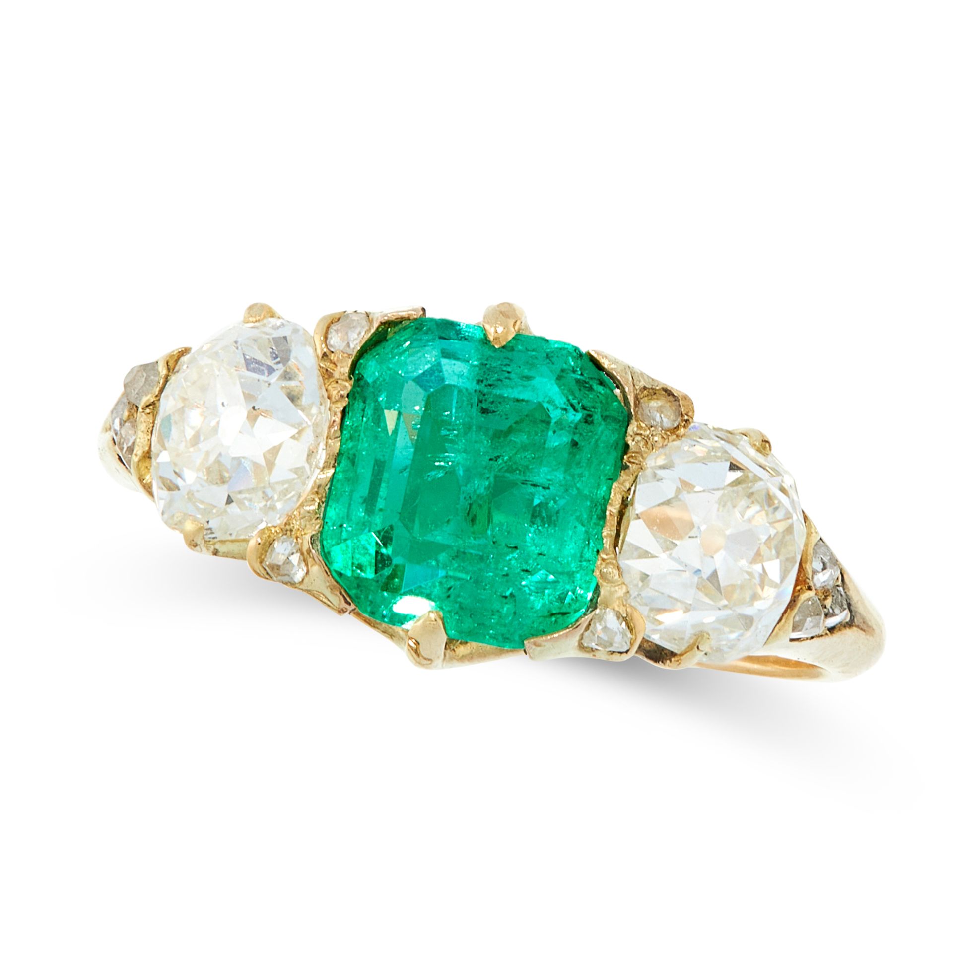 A COLOMBIAN EMERALD AND DIAMOND DRESS RING in high carat yellow gold, set with an emerald cut