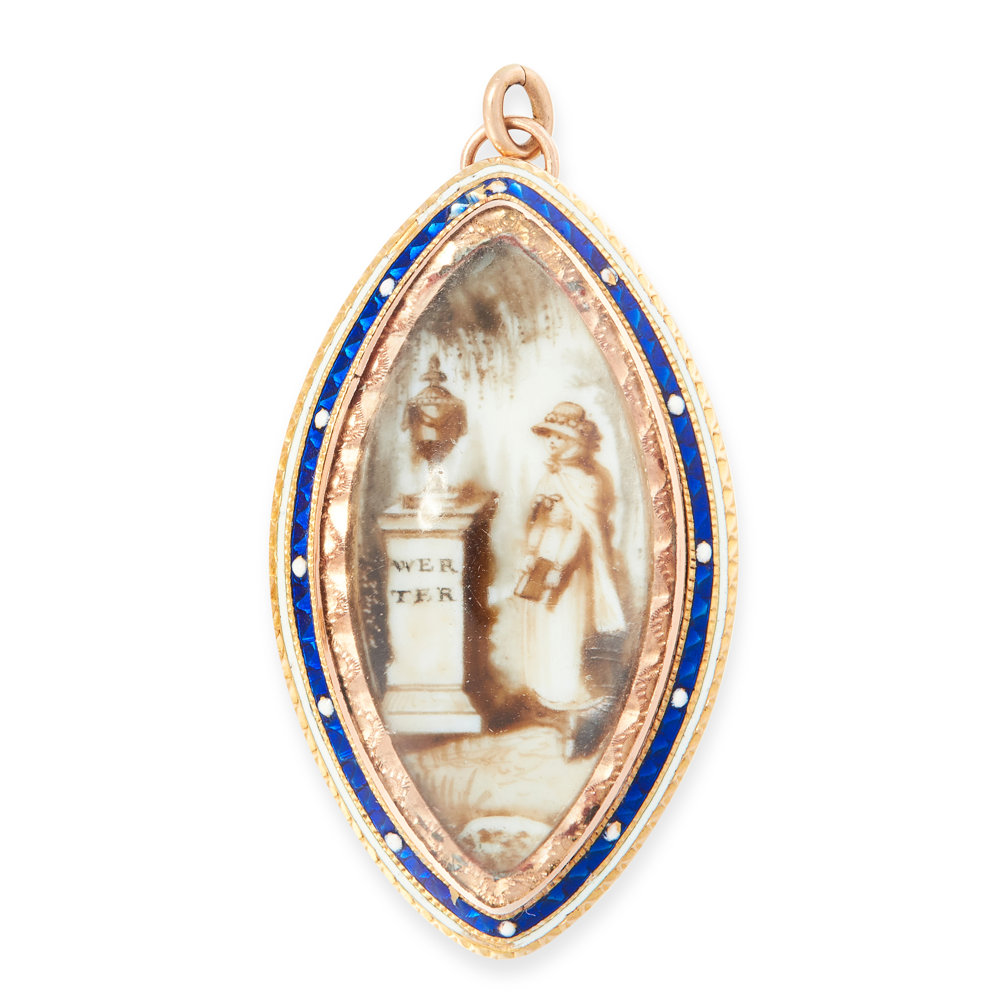 AN ANTIQUE PORTRAIT MINIATURE AND ENAMEL MOURNING LOCKET PENDANT in yellow gold, the central glass