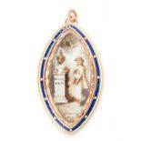 AN ANTIQUE PORTRAIT MINIATURE AND ENAMEL MOURNING LOCKET PENDANT in yellow gold, the central glass