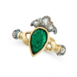 AN ANTIQUE EMERALD AND DIAMOND DRESS RING, 19TH CENTURY in yellow gold and silver, set with a pear