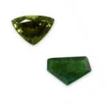 TWO UNMOUNTED GREEN TOURMALINES triangular brilliant cut and fancy shaped step cut, both totalling