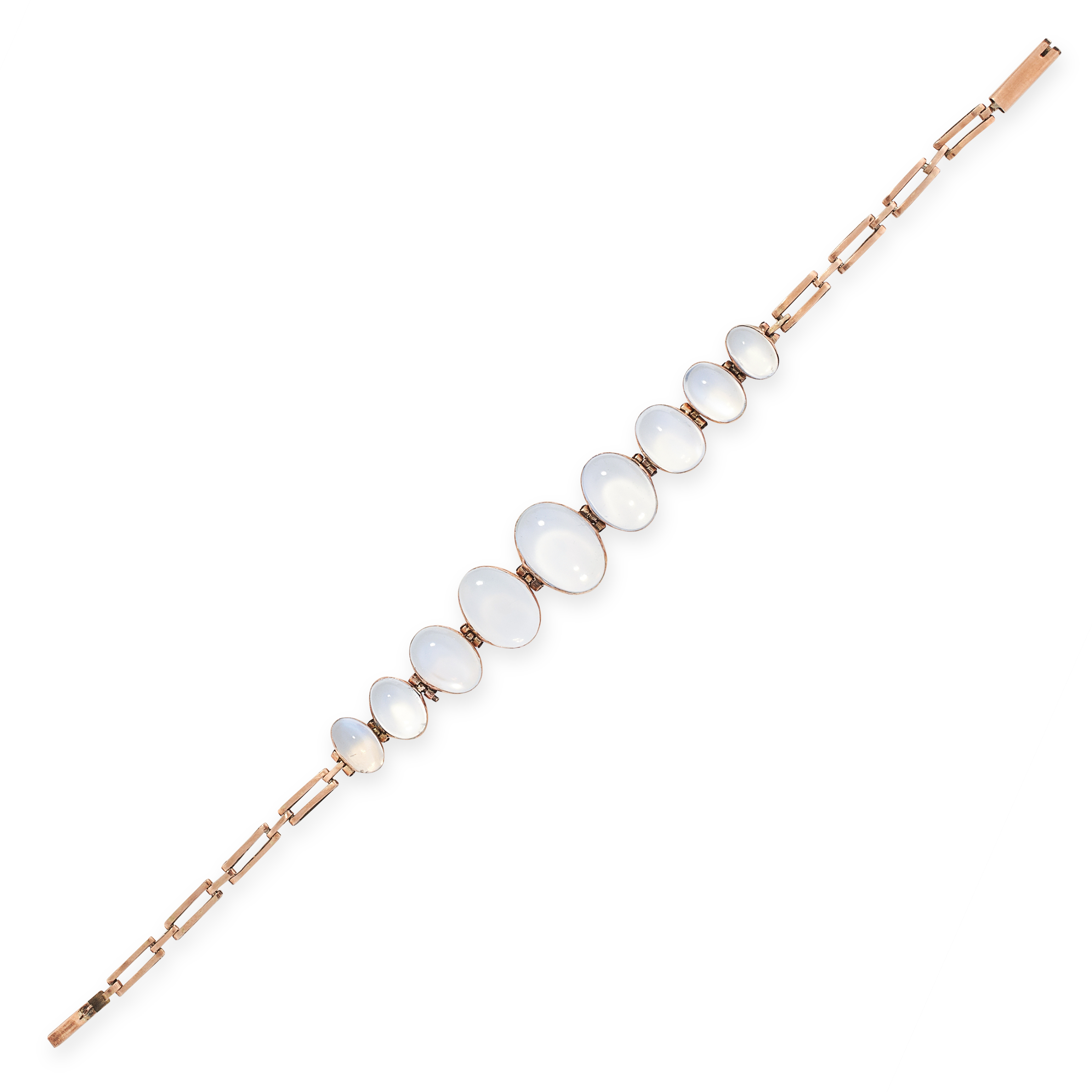 AN ANTIQUE MOONSTONE BRACELET, EARLY 20TH CENTURY in yellow gold, set with a row of seven
