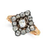 AN ANTIQUE DIAMOND DRESS RING in yellow gold and silver, the square face set with a central old