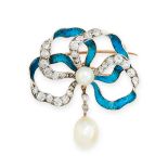 AN ANTIQUE NATURAL PEARL, ENAMEL AND DIAMOND BROOCH, 19TH CENTURY in yellow gold and silver, set