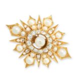 AN ANTIQUE PEARL AND DIAMOND BROOCH in yellow gold, set with a central pearl within a border of