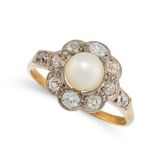 AN ANTIQUE NATURAL PEARL AND DIAMOND DRESS RING in yellow gold, set with a pearl of 6.0mm, within