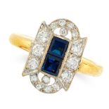 A SAPPHIRE AND DIAMOND DRESS RING in high carat yellow gold, set with two step cut blue sapphires