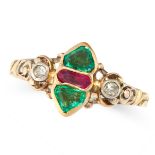 AN ANTIQUE EMERALD, RUBY AND DIAMOND DRESS RING, EARLY 19TH CENTURY in yellow gol and silver, set