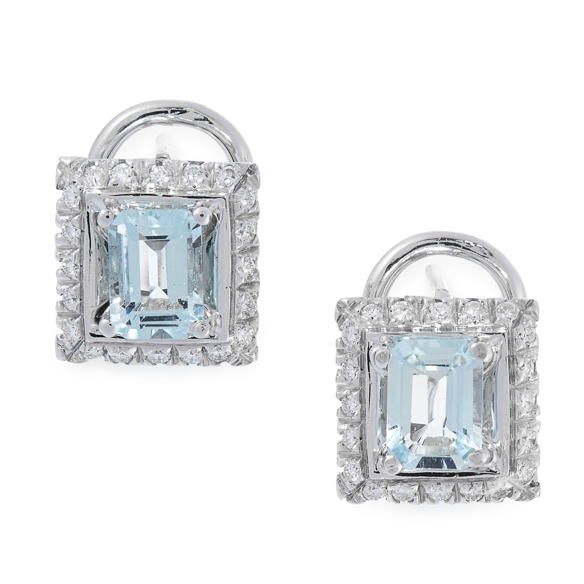 A PAIR OF AQUAMARINE AND DIAMOND STUD EARRINGS in 18ct white gold, each set with an emerald cut