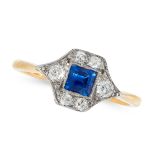 AN ART DECO SAPPHIRE AND DIAMOND DRESS RING in yellow gold, set with a step cut blue sapphire