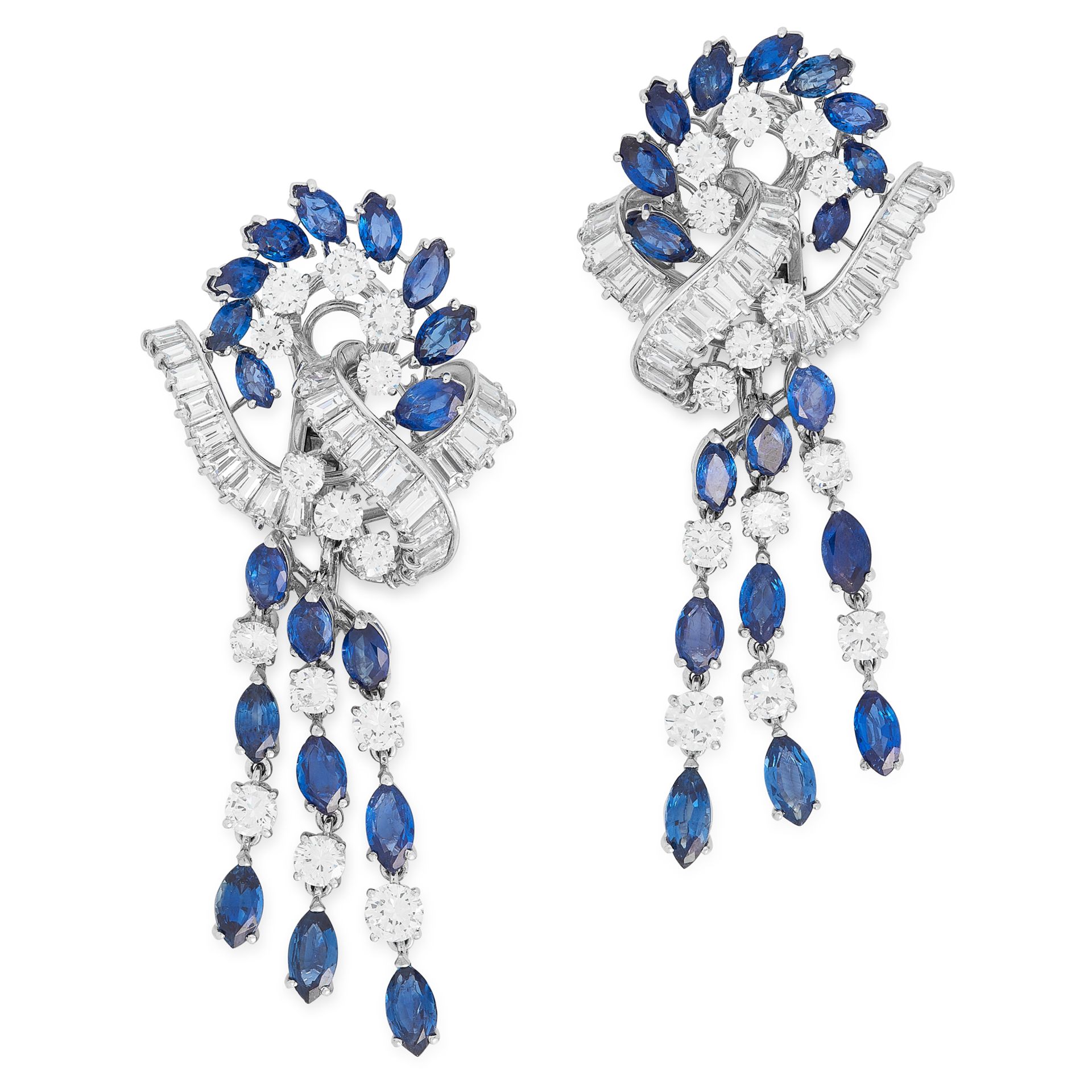 A PAIR OF SAPPHIRE AND DIAMOND PENDANT CLIP EARRINGS in 18ct white gold and platinum, each