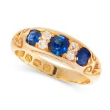 AN ANTIQUE VICTORIAN SAPPHIRE AND DIAMOND DRESS RING, 1888 in 18ct yellow gold, the band set with