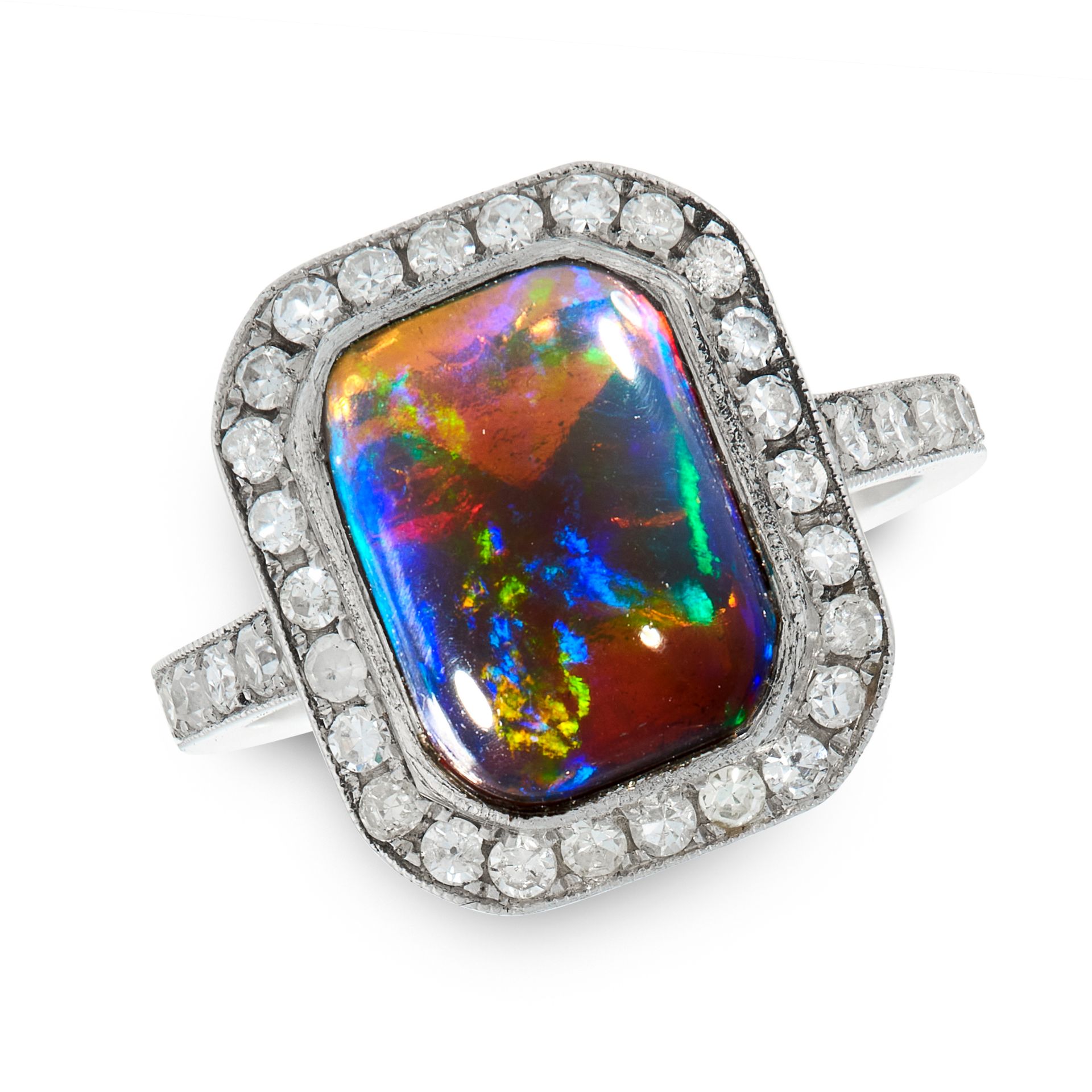 A BLACK OPAL AND DIAMOND DRESS RING set with a cushion shaped cabochon black opal of 3.16 carats,