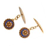 A PAIR OF ANTIQUE ENAMEL CUFFLINKS in yellow gold, each formed of one round and one marquise