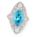 A BLUE ZIRCON AND DIAMOND COCKTAIL RING, CIRCA 1930 set with a marquise cut blue zircon of 9.35