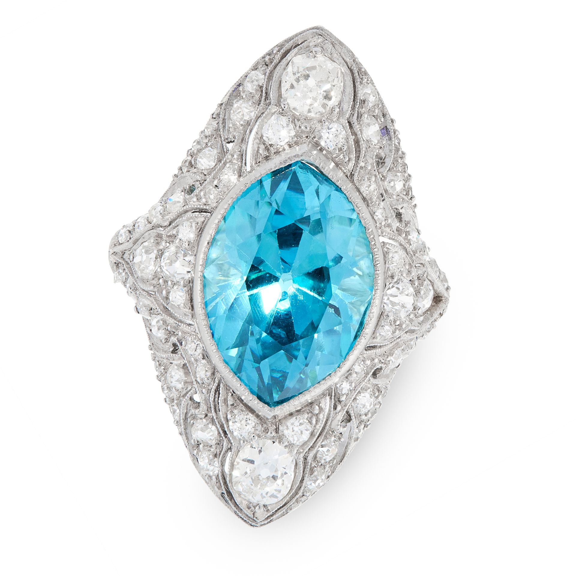 A BLUE ZIRCON AND DIAMOND COCKTAIL RING, CIRCA 1930 set with a marquise cut blue zircon of 9.35